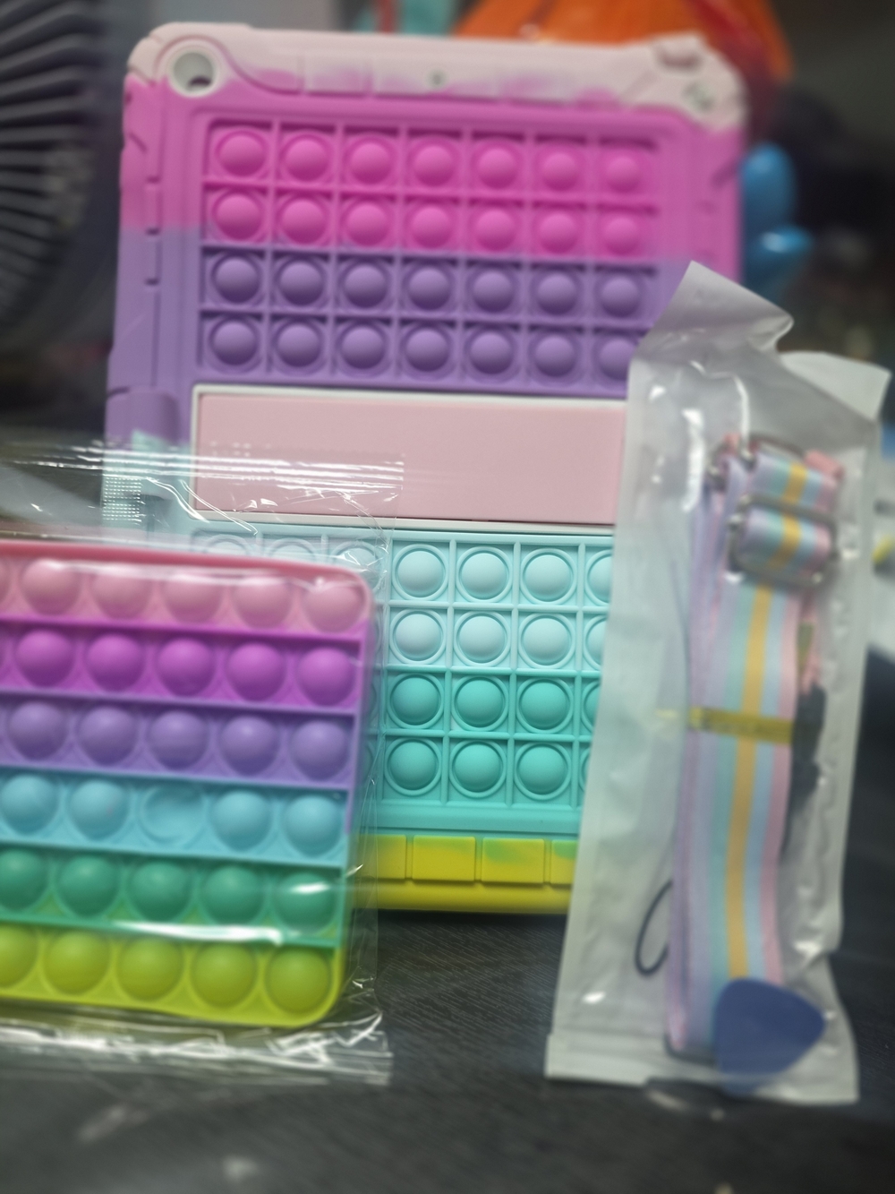 Pastel Rainbow Silicone Tablet Case with Pop-It Fidget Surface